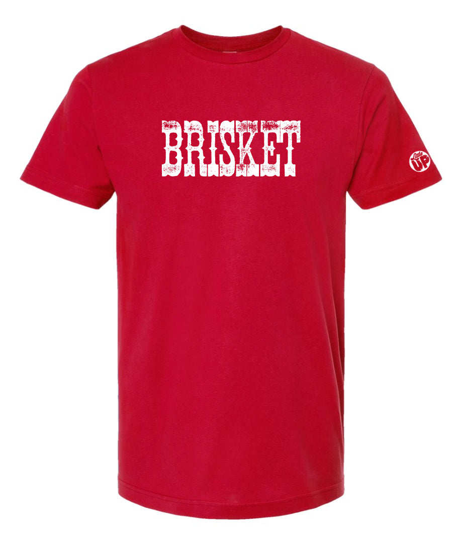 "BRISKET" in white western textured font on red t-shirt