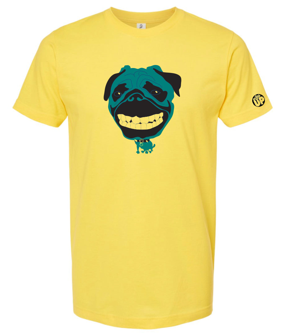 cartoonish illustration of pug dog in blue with very large head and small body printed on yellow t-shirt