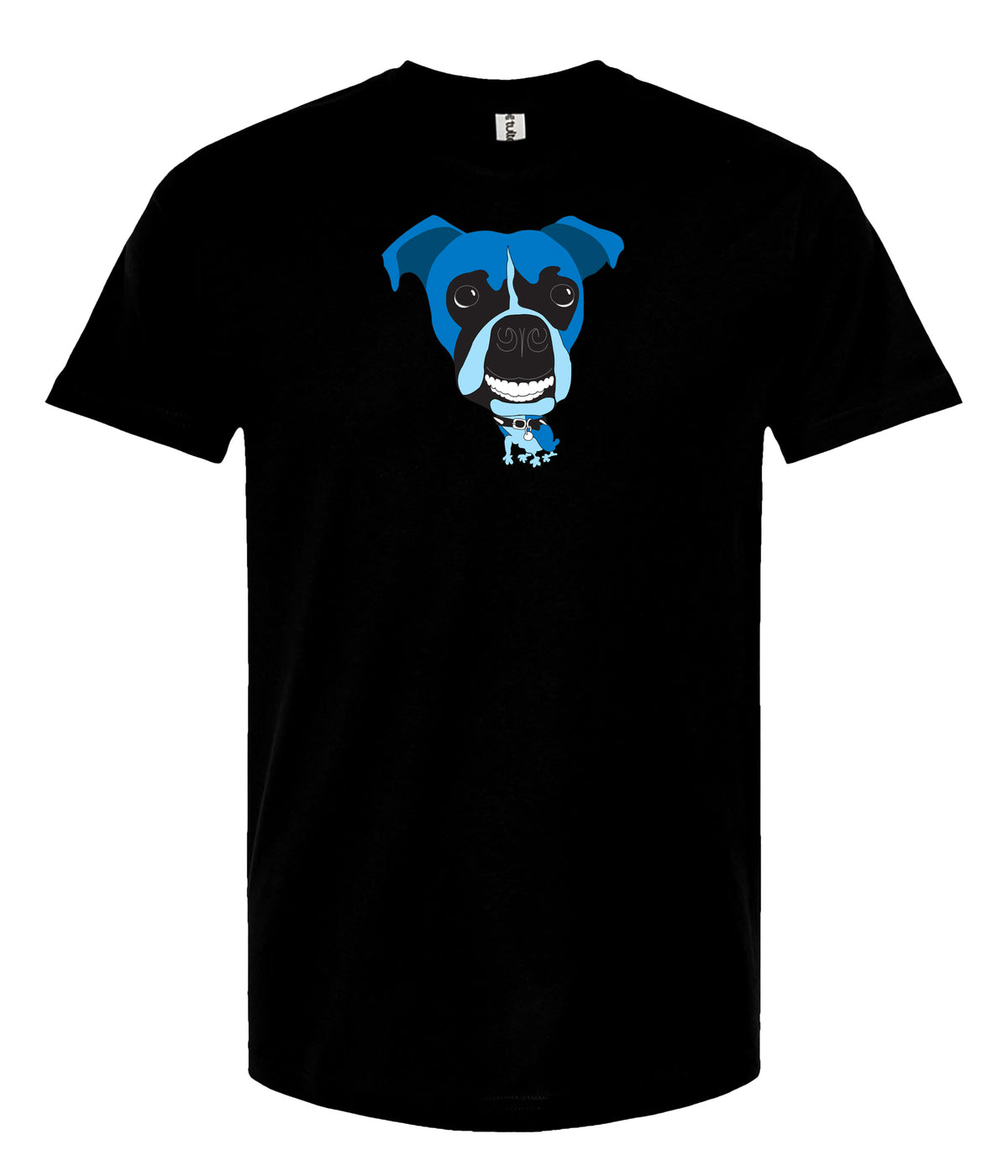 A black short-sleeve crewneck t-shirt featuring a cartoon graphic of a blue and white dog on the chest, displayed against a solid white background.
