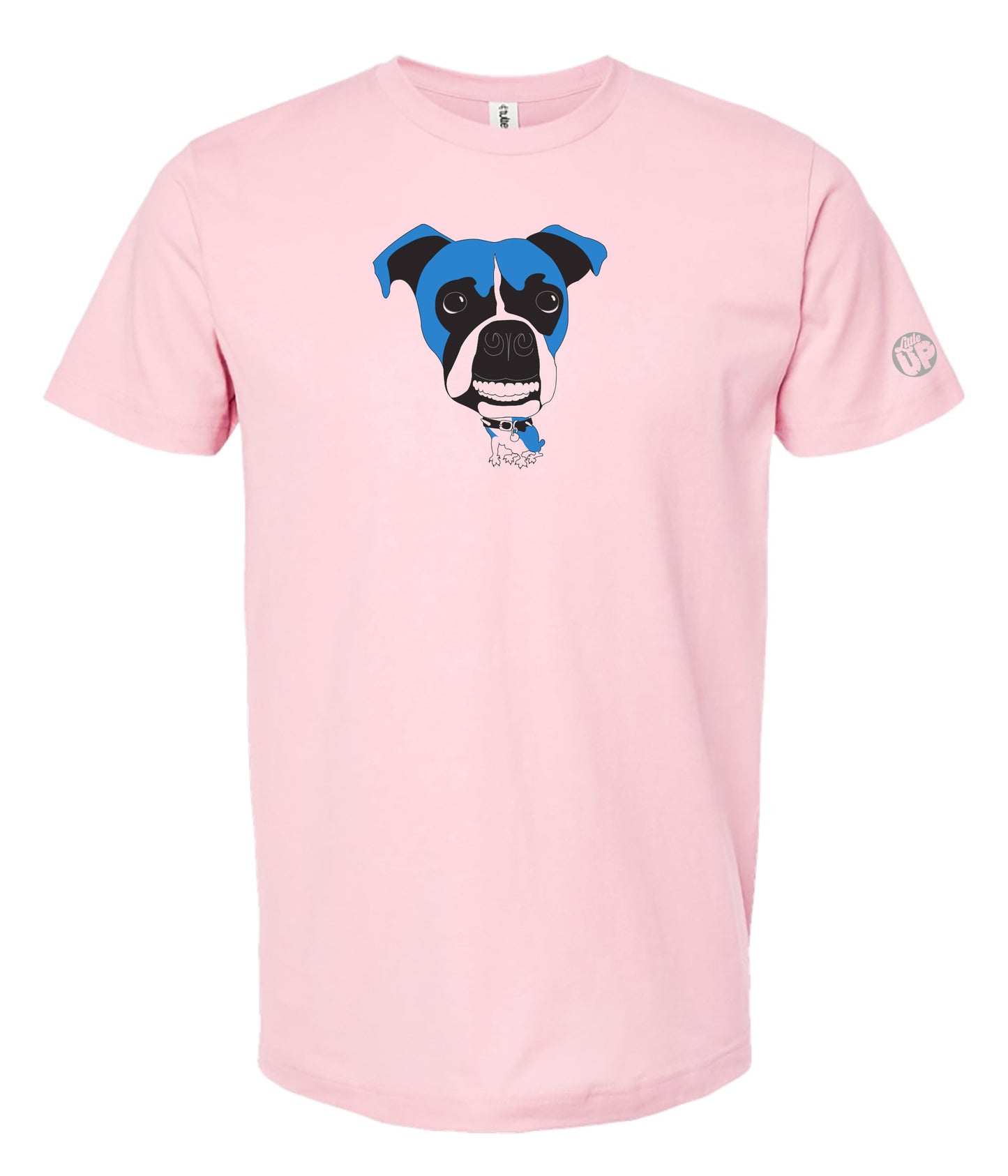 Pink t-shirt with a Boxer dog graphic on a white background