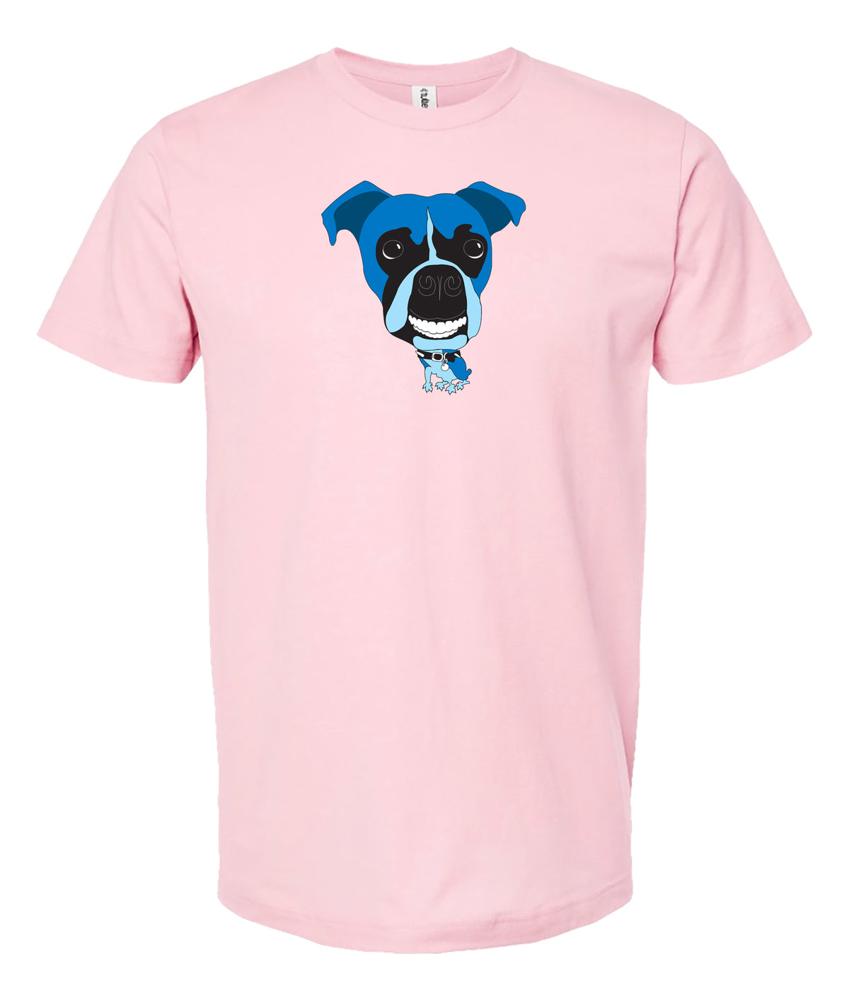 A light pink short-sleeve crewneck t-shirt featuring a cartoon graphic of a boxer dog on the chest, displayed against a solid white background.
