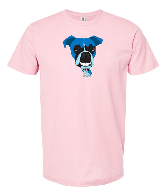 A light pink short-sleeve crewneck t-shirt featuring a cartoon graphic of a boxer dog on the chest, displayed against a solid white background.