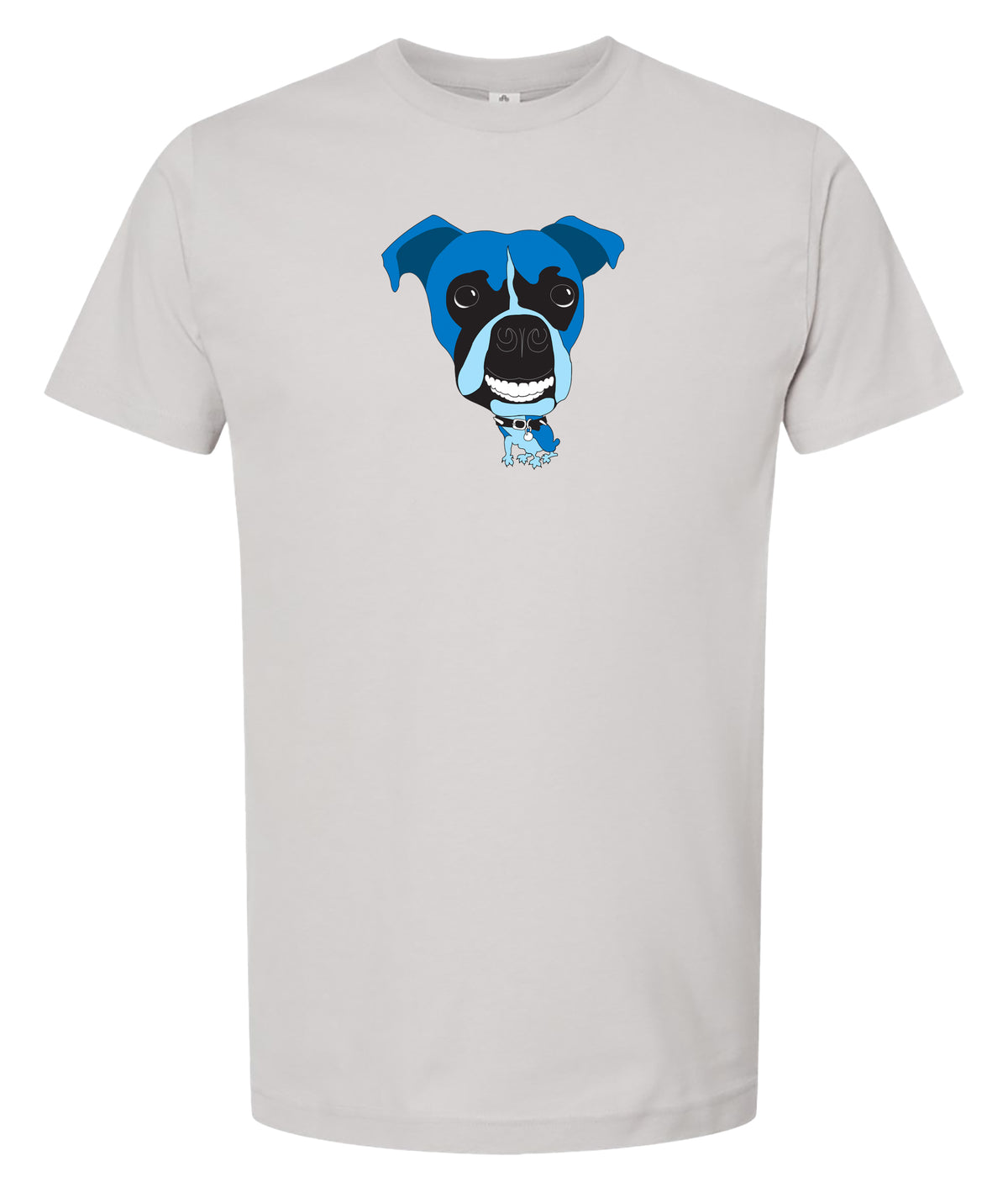 A light gray crewneck t-shirt featuring a cartoon graphic of a blue and black boxer dog on the chest, displayed against a solid white background.