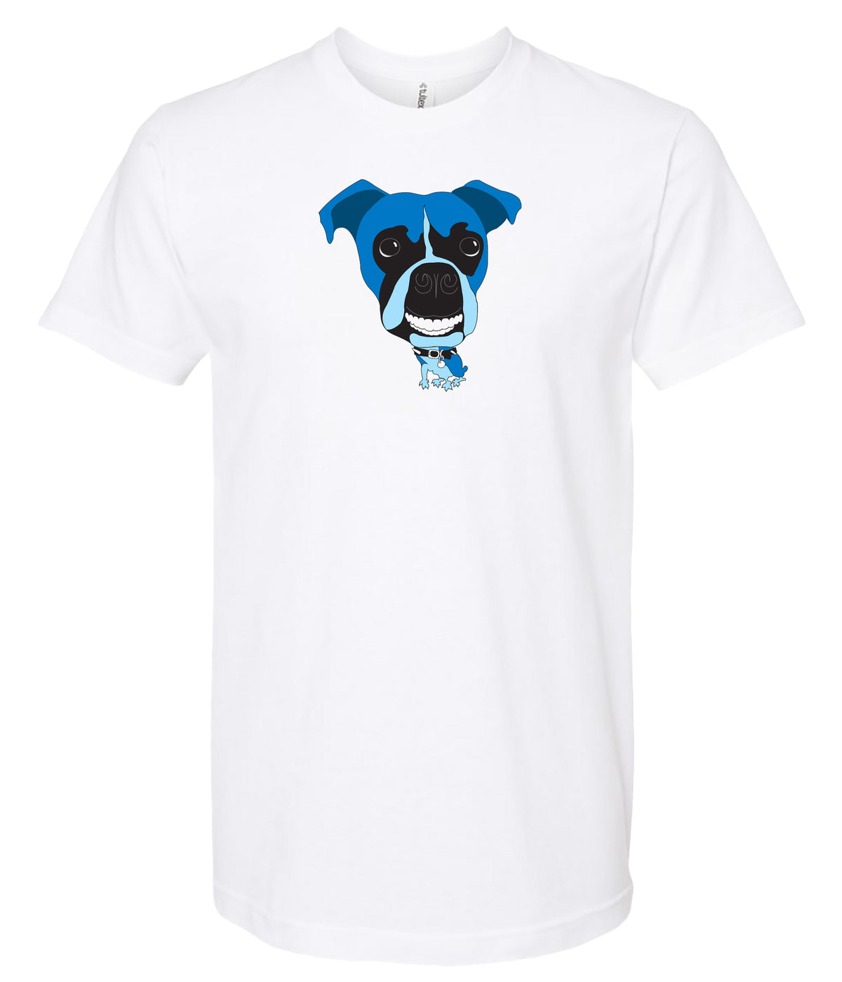 A white short-sleeve crewneck t-shirt featuring a cartoon graphic of a blue and black boxer dog on the chest.