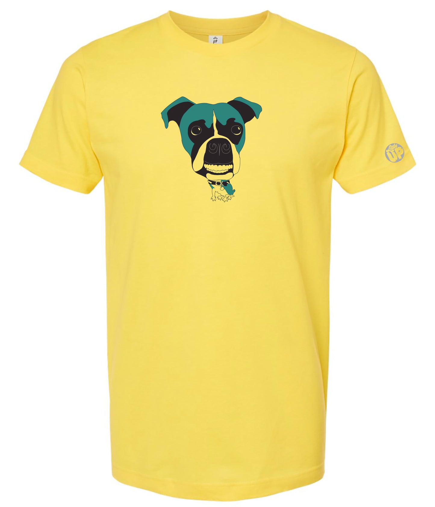 Yellow t-shirt with a Boxer dog graphic on a white background