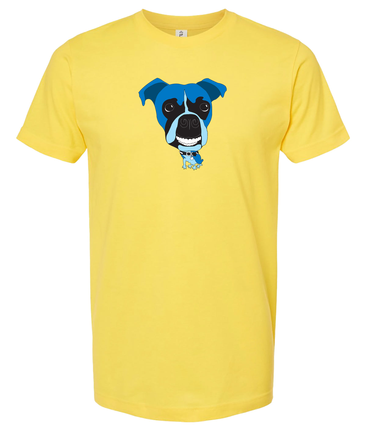 A bright yellow short-sleeve crewneck t-shirt featuring a cartoon graphic of a blue and black boxer dog on the chest, displayed against a solid white background.