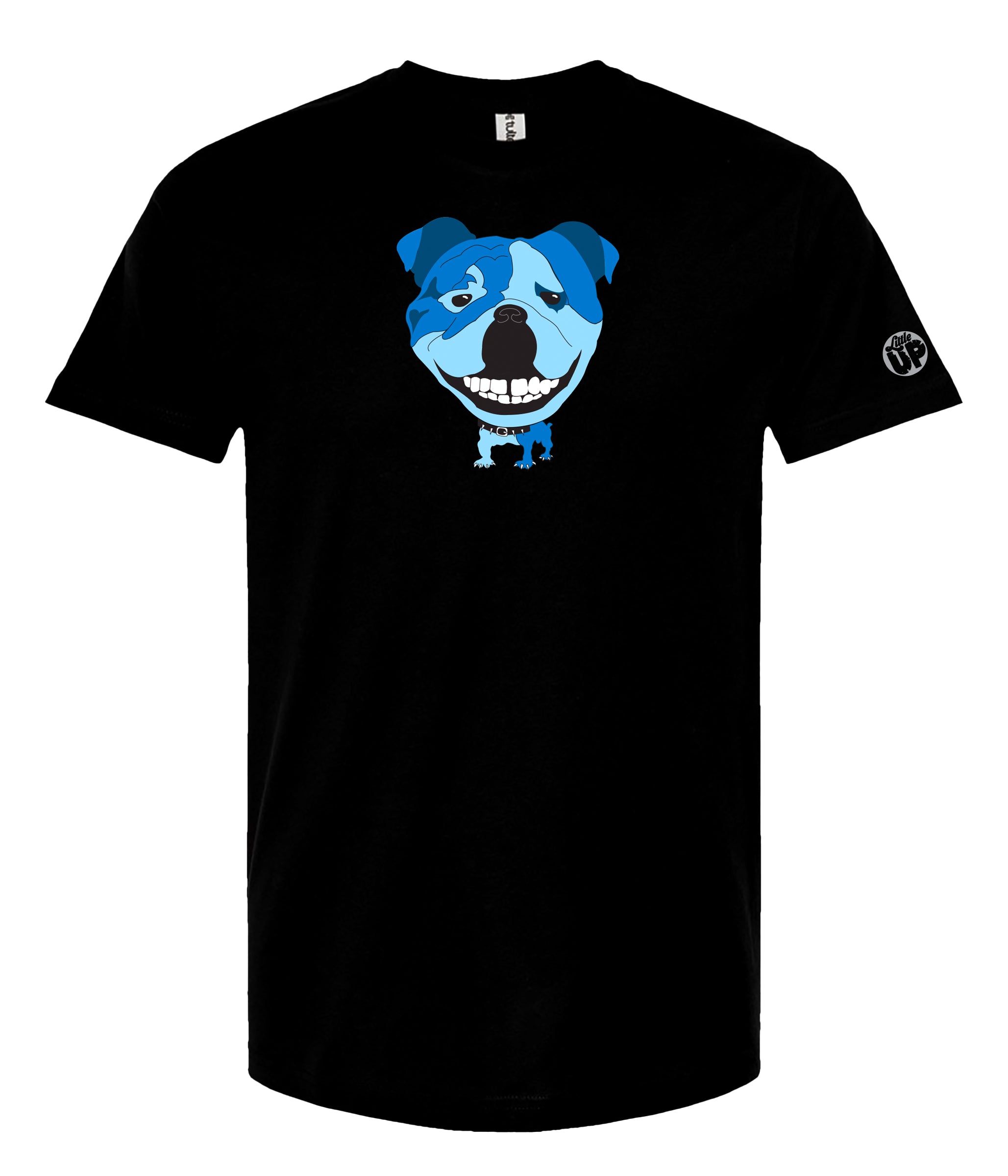 A black short-sleeve crewneck t-shirt featuring a graphic print of a blue and light blue dog's face with a wide grin on the chest, and a small white circular graphic on the right sleeve.