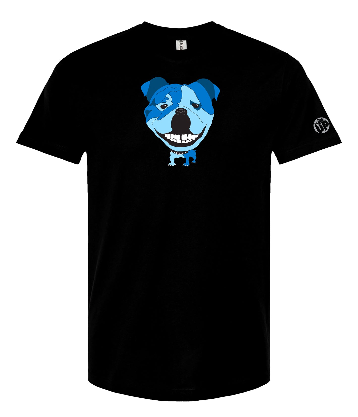 A black short-sleeve crewneck t-shirt featuring a graphic print of a blue and light blue dog's face with a wide grin on the chest, and a small white circular graphic on the right sleeve.