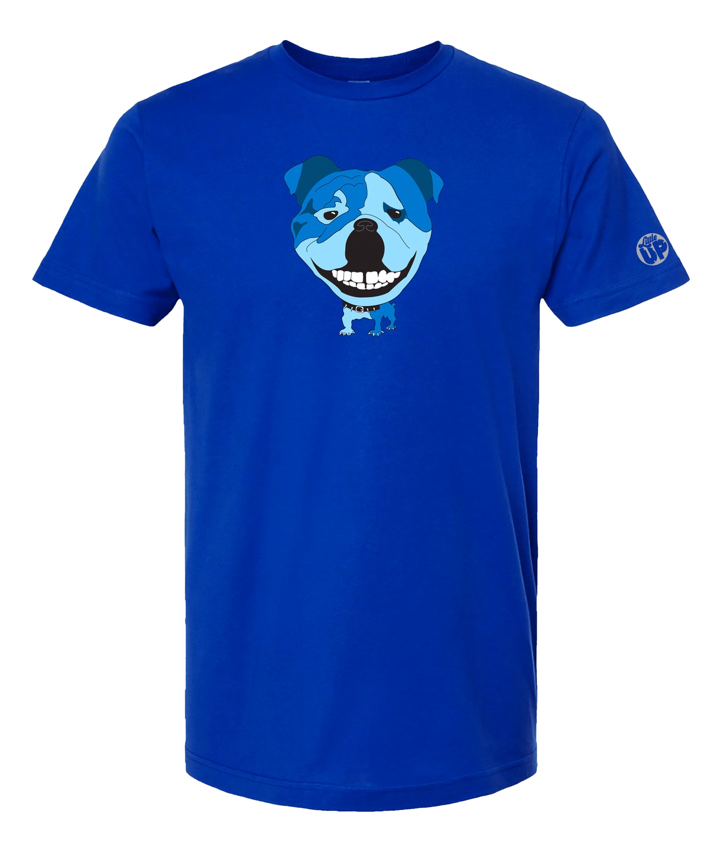 A royal blue short-sleeve crewneck t-shirt featuring a cartoon graphic of a blue and white dog with a wide grin on the chest, displayed against a solid white background.