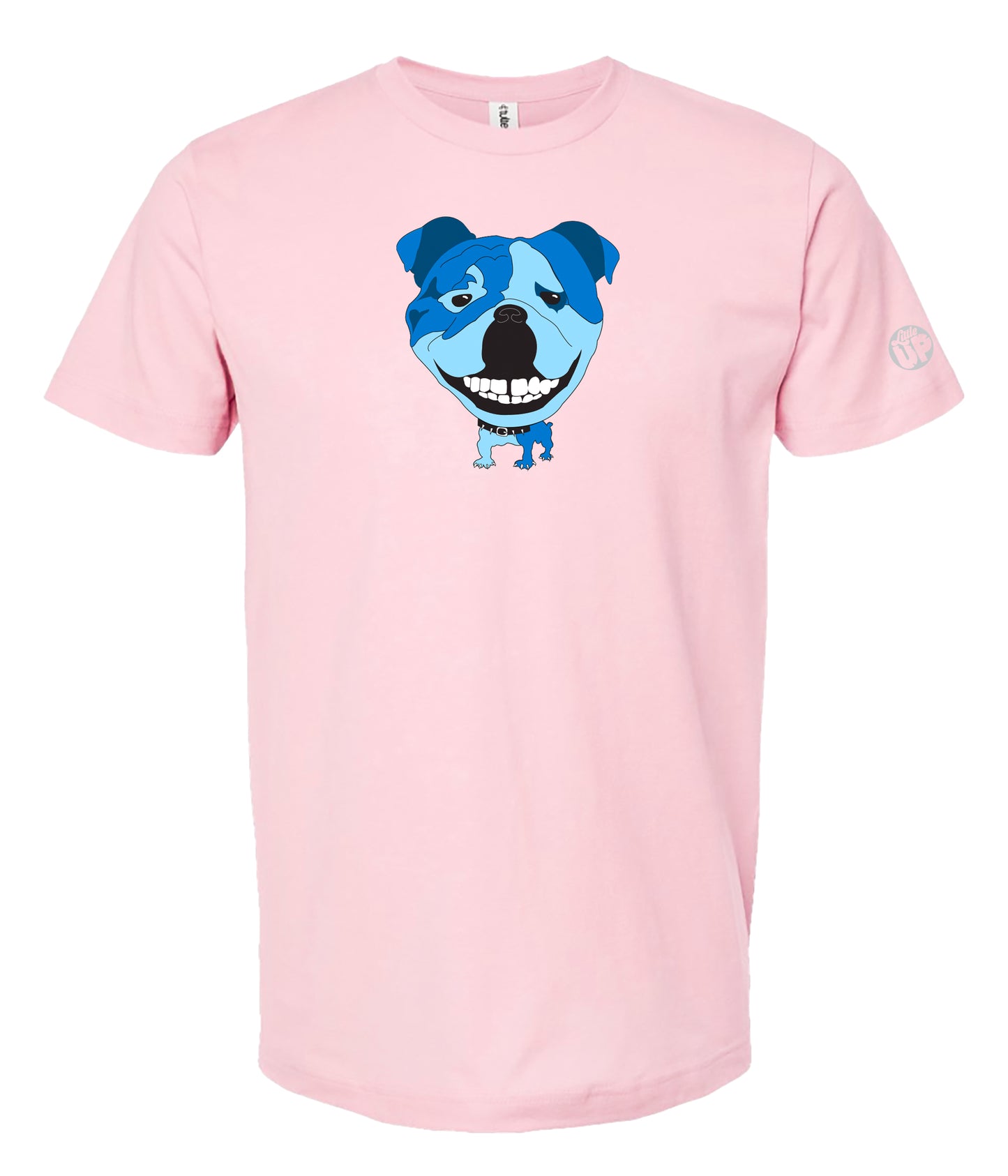 A light pink short-sleeve crewneck t-shirt featuring a cartoon graphic of a blue and white dog's face on the chest, displayed against a solid white background.