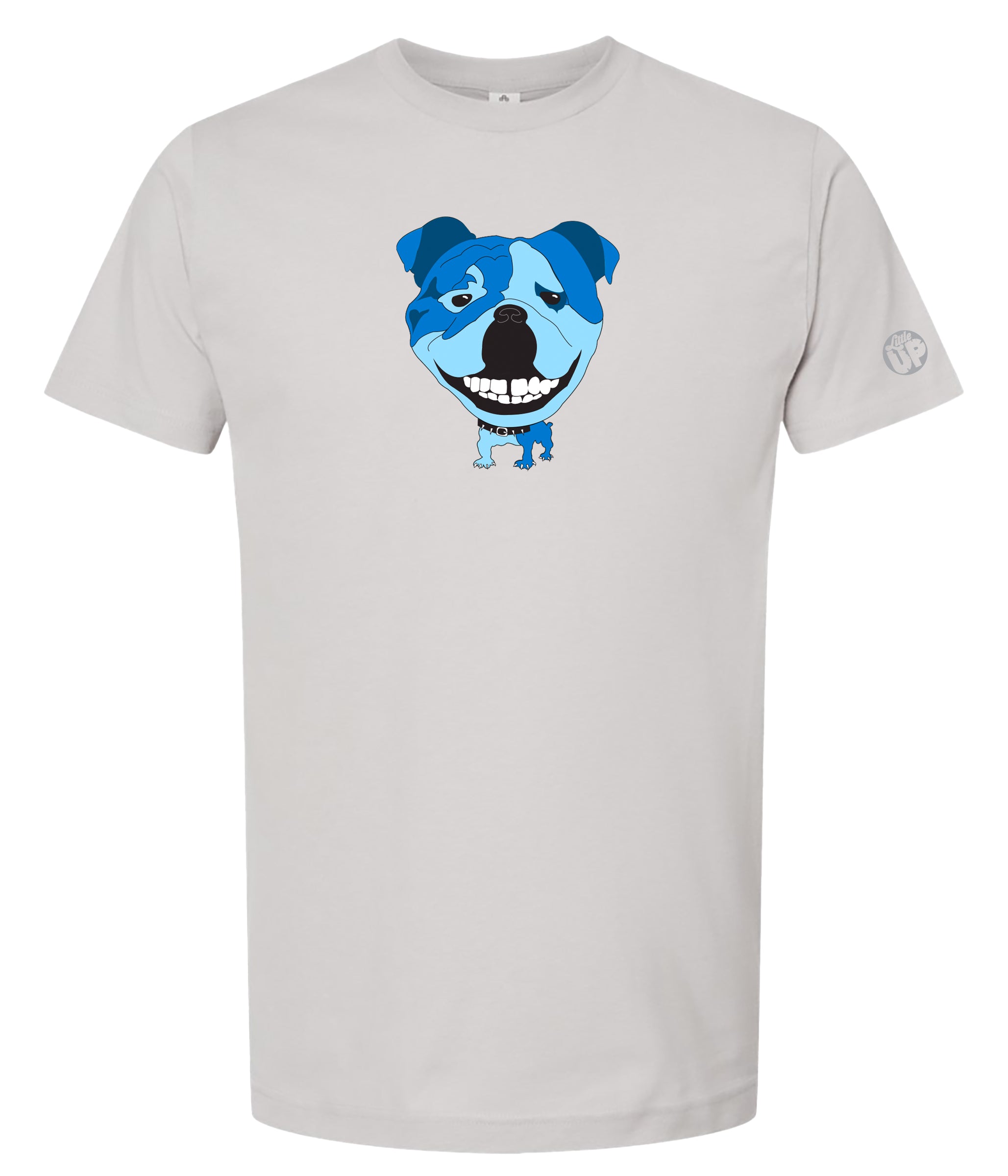 A light gray crewneck t-shirt featuring a cartoon graphic of a blue and white dog's face on the chest, displayed against a solid white background.