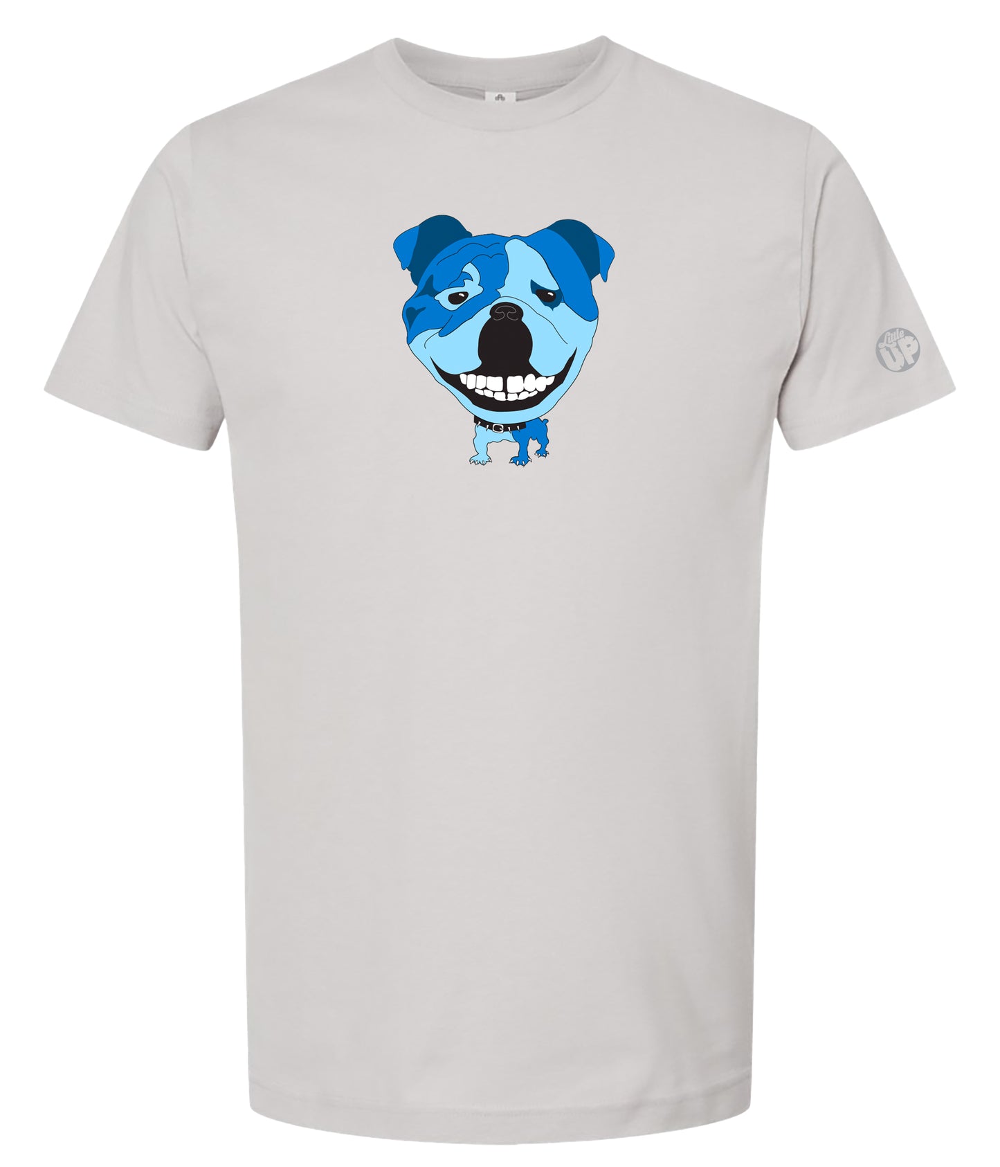 A light gray crewneck t-shirt featuring a cartoon graphic of a blue and white dog's face on the chest, displayed against a solid white background.