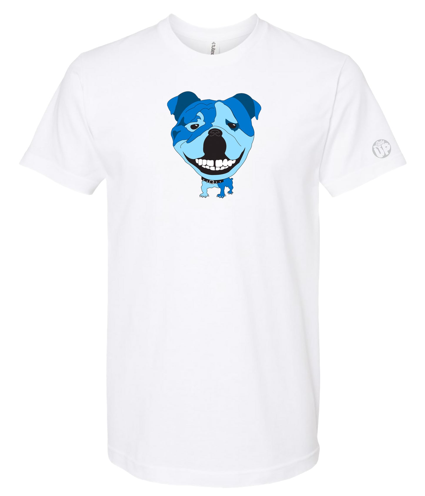 A white short-sleeve crewneck t-shirt featuring a cartoon graphic of a blue and light blue dog face with a wide grin on the chest.