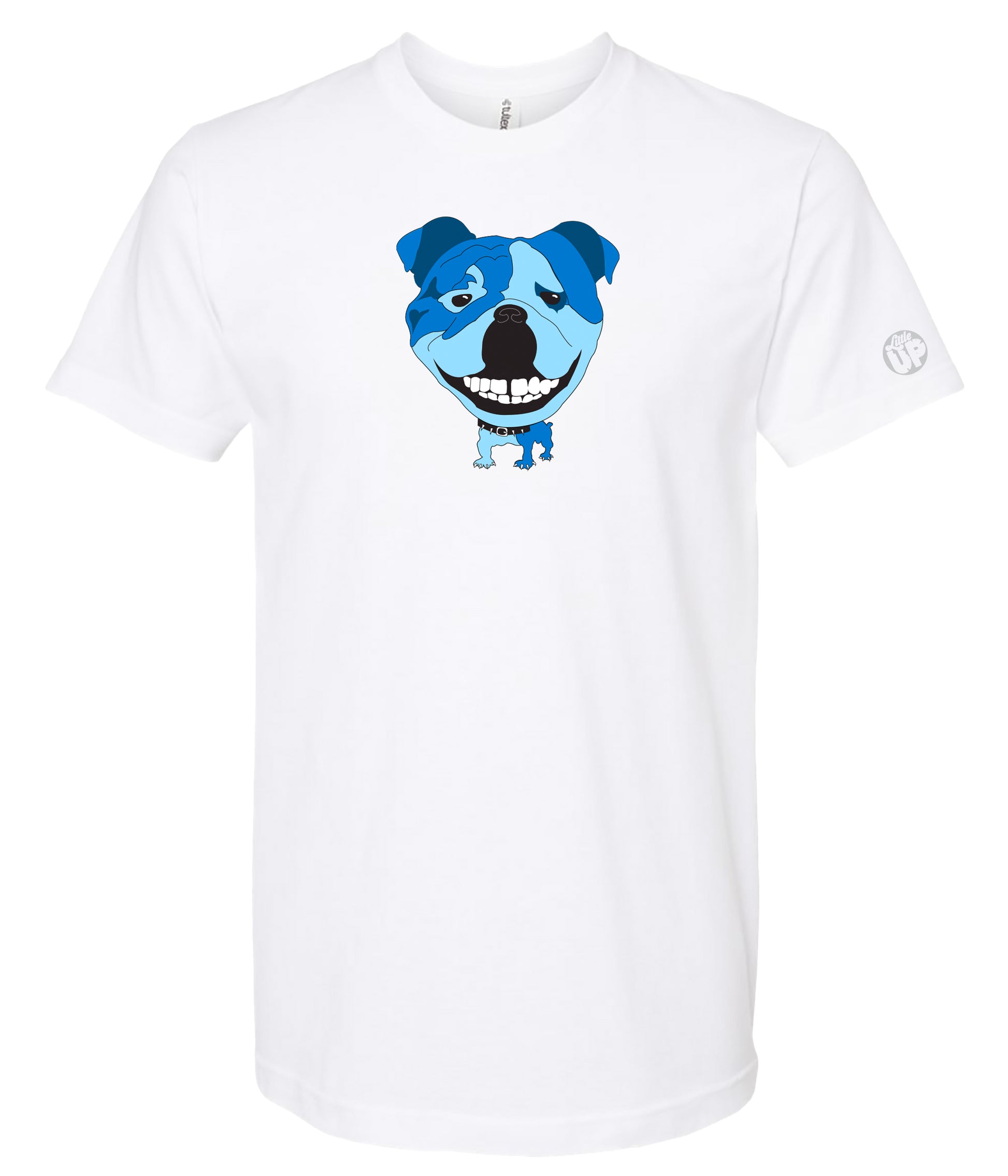 A white short-sleeve crewneck t-shirt featuring a cartoon graphic of a blue and light blue dog face with a wide grin on the chest.