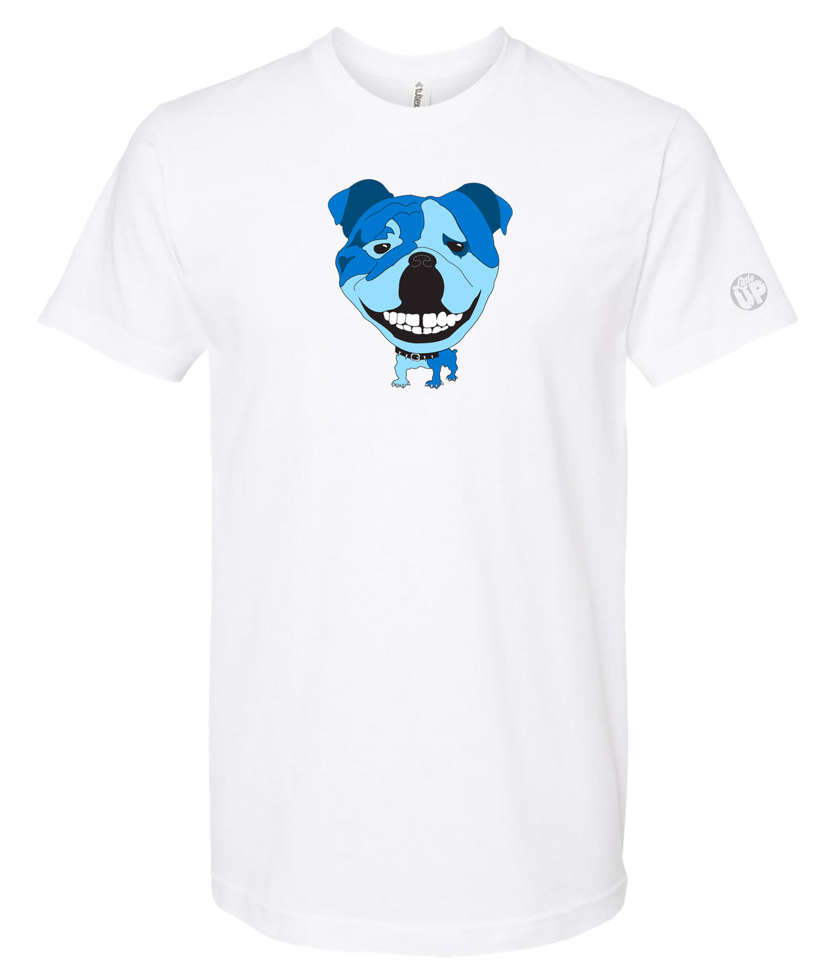 A white short-sleeve crewneck t-shirt featuring a cartoon graphic of a blue and light blue dog face with a wide grin on the chest.