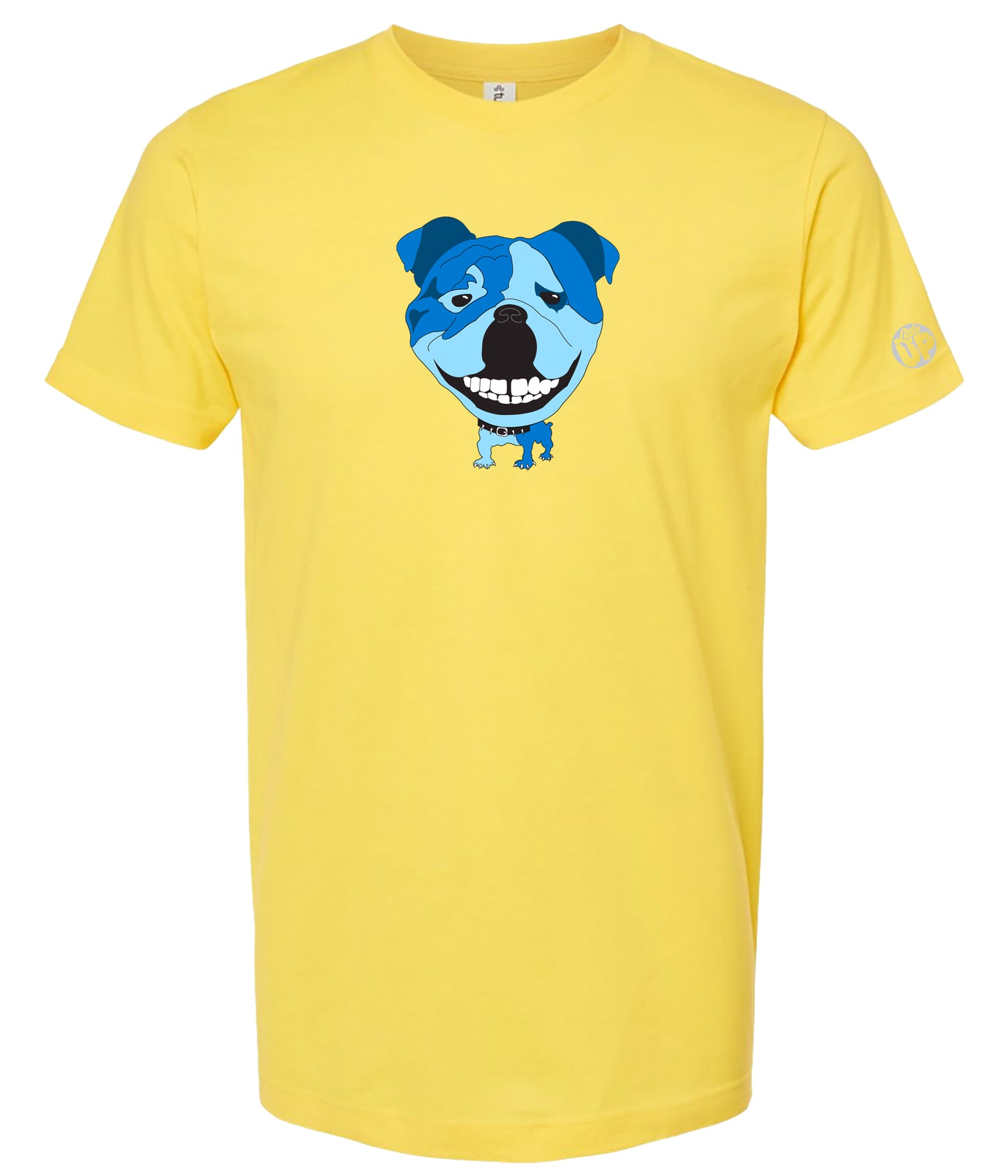 A bright yellow short-sleeve crewneck t-shirt featuring a cartoon graphic of a blue and light blue dog with a wide grin on the chest, displayed against a solid white background.
