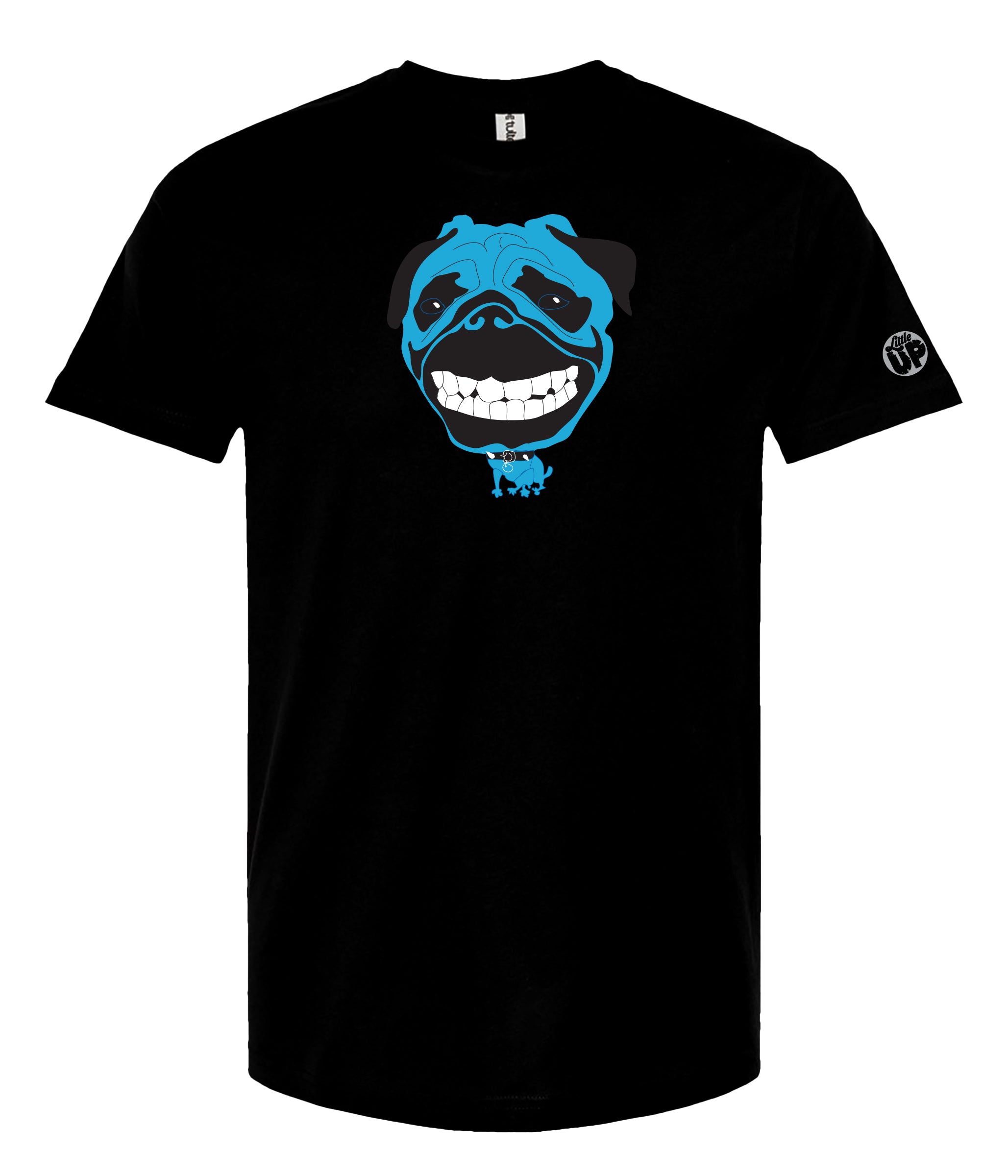 A black short-sleeve crewneck t-shirt featuring a graphic print of a blue and black pug dog face on the chest, with a small white circular graphic on the left sleeve.