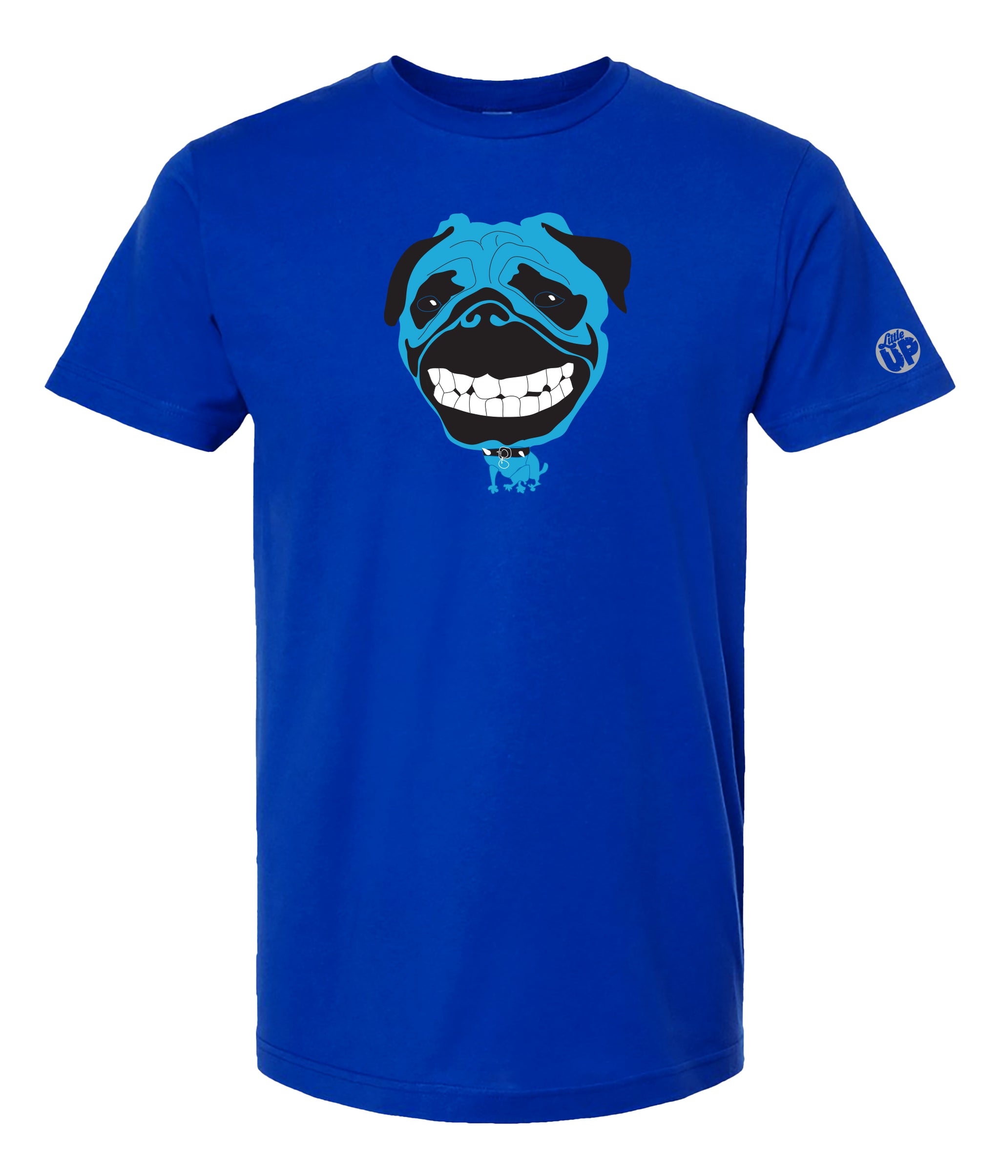 A royal blue short-sleeve crewneck t-shirt featuring a graphic print of a smiling pug dog's face in shades of blue, black, and white on the chest.