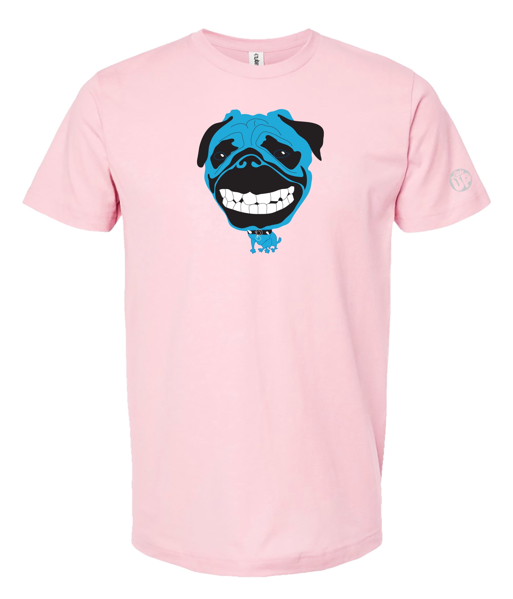 A light pink short-sleeve crewneck t-shirt featuring a graphic print of a blue and black pug dog face on the chest, displayed against a solid white background.