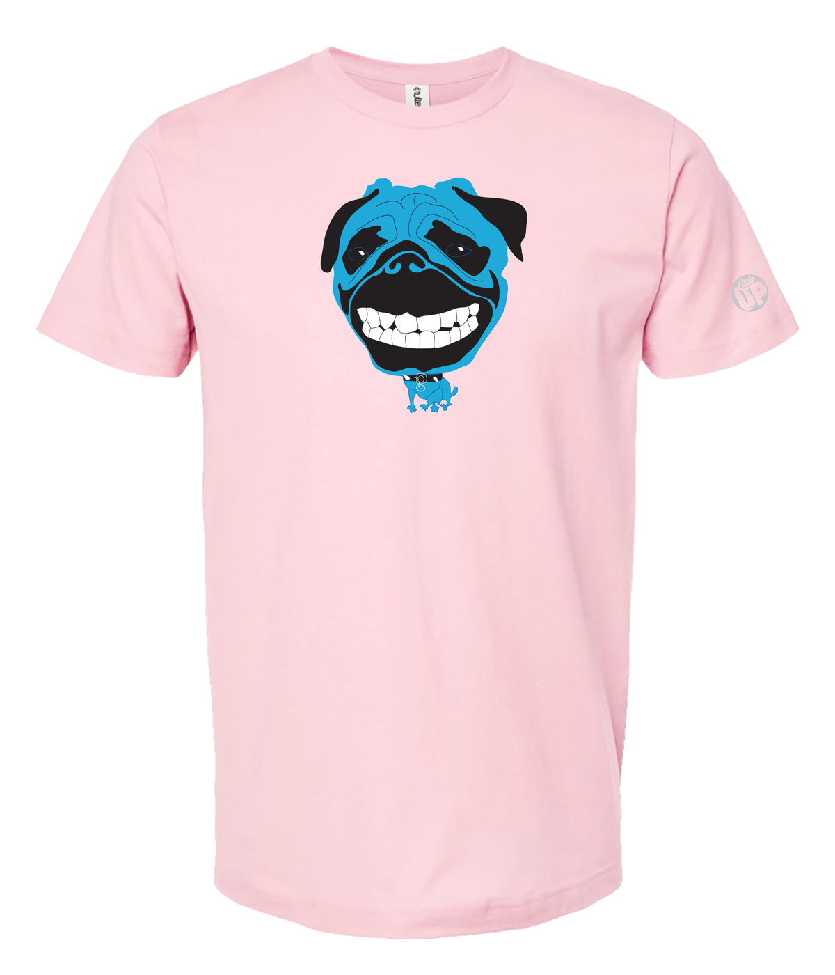 A light pink short-sleeve crewneck t-shirt featuring a graphic print of a blue and black pug dog face on the chest, displayed against a solid white background.