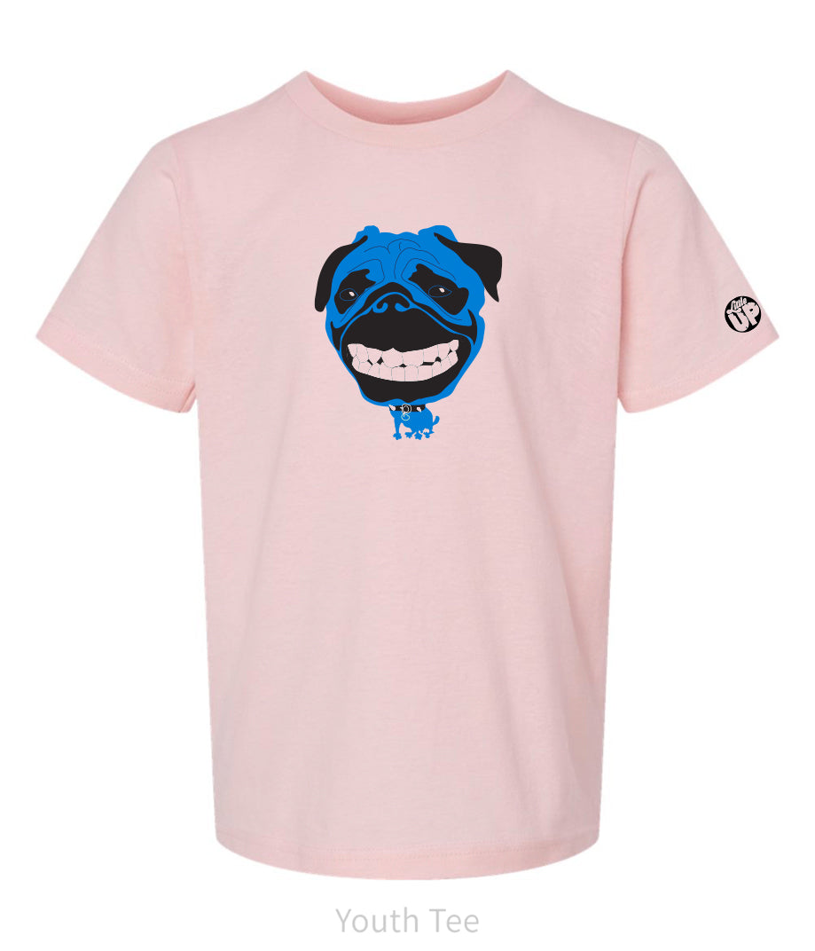 cartoonish illustration of pug dog in blue with very large head and small body printed on pink youth t-shirt