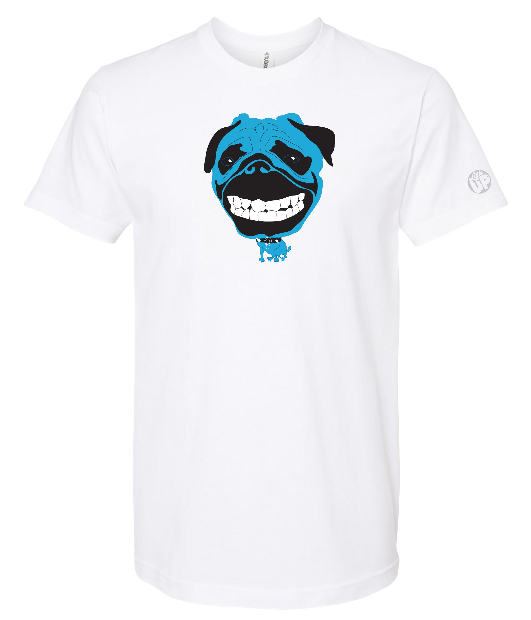 A white short-sleeve crewneck t-shirt featuring a graphic print of a blue and black pug dog face on the chest.