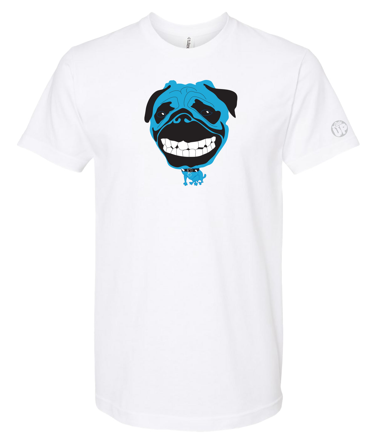 A white short-sleeve crewneck t-shirt featuring a graphic print of a blue and black pug dog face on the chest.