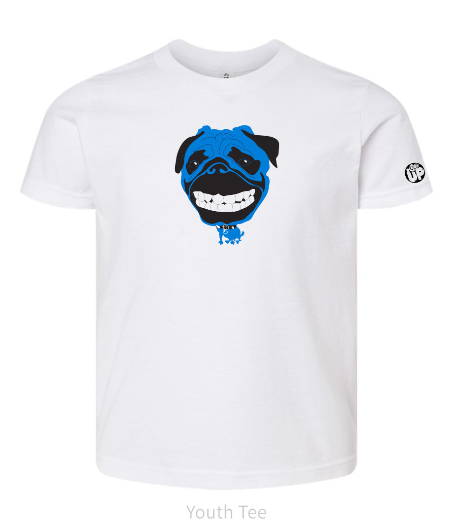 cartoonish illustration of pug dog in blue with very large head and small body printed on white youth t-shirt