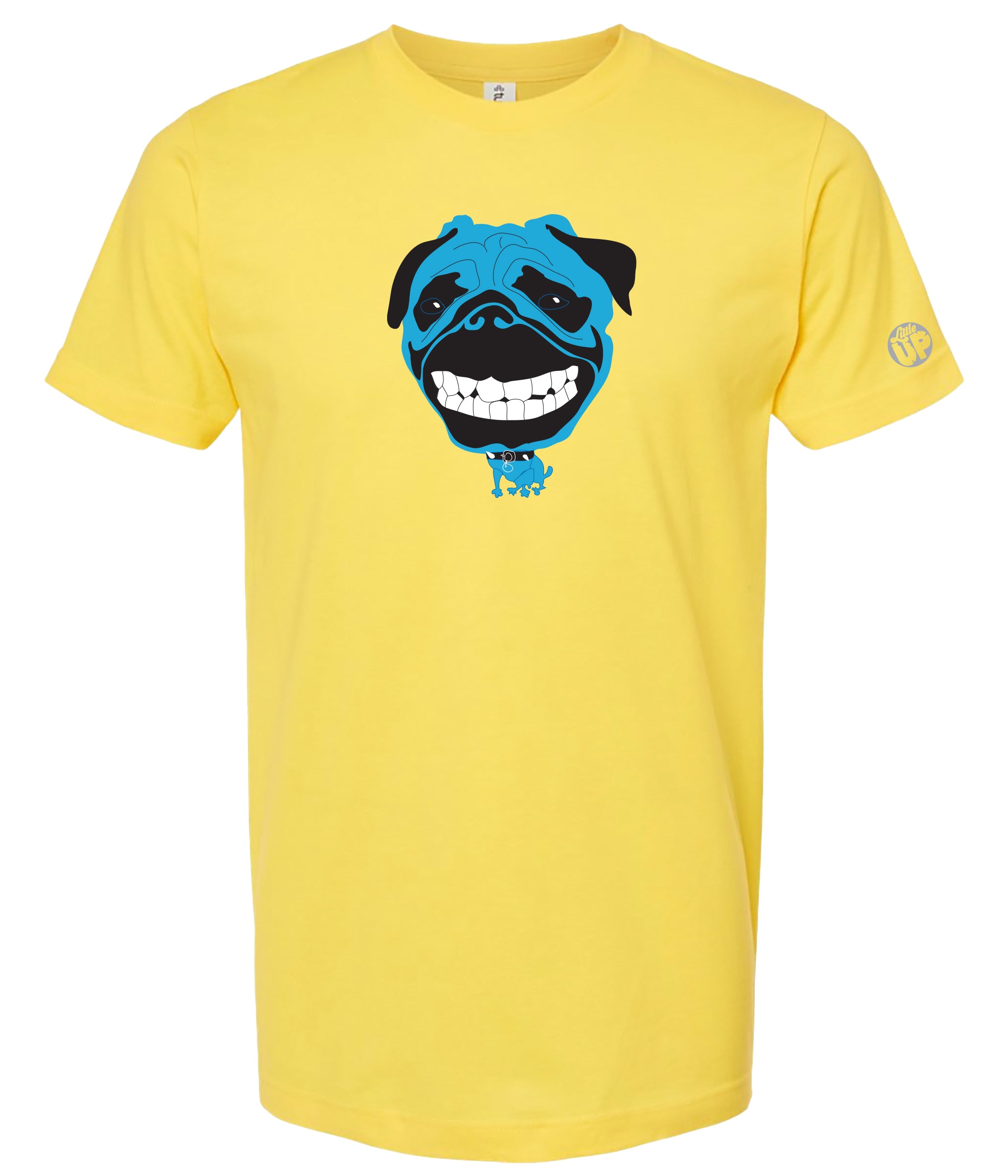 A bright yellow short-sleeve crewneck t-shirt featuring a cartoon graphic of a blue and black pug dog with a wide grin on the chest.