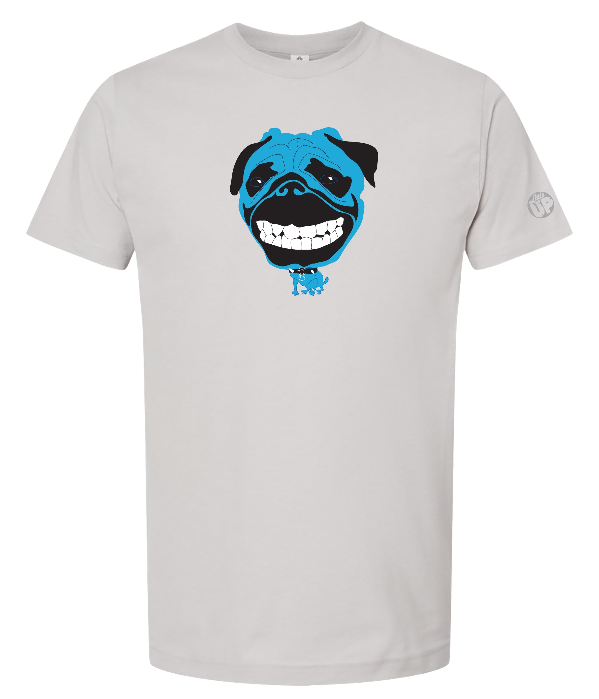 A light gray crewneck t-shirt featuring a graphic print of a blue and black pug dog's face with its teeth showing on the chest.