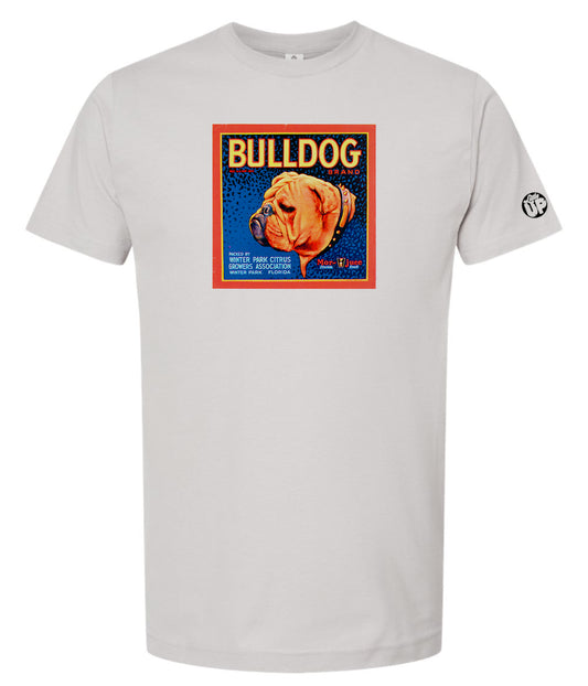vintage packaging for "Bulldog Brand" citrus with illustration of head of English bulldog in square on gray shirt on white background
