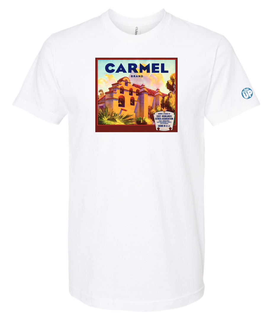 vintage "Carmel Brand" packaging graphic with old mission looking structure with terra cotta roof and stucco sides on white tee on white background