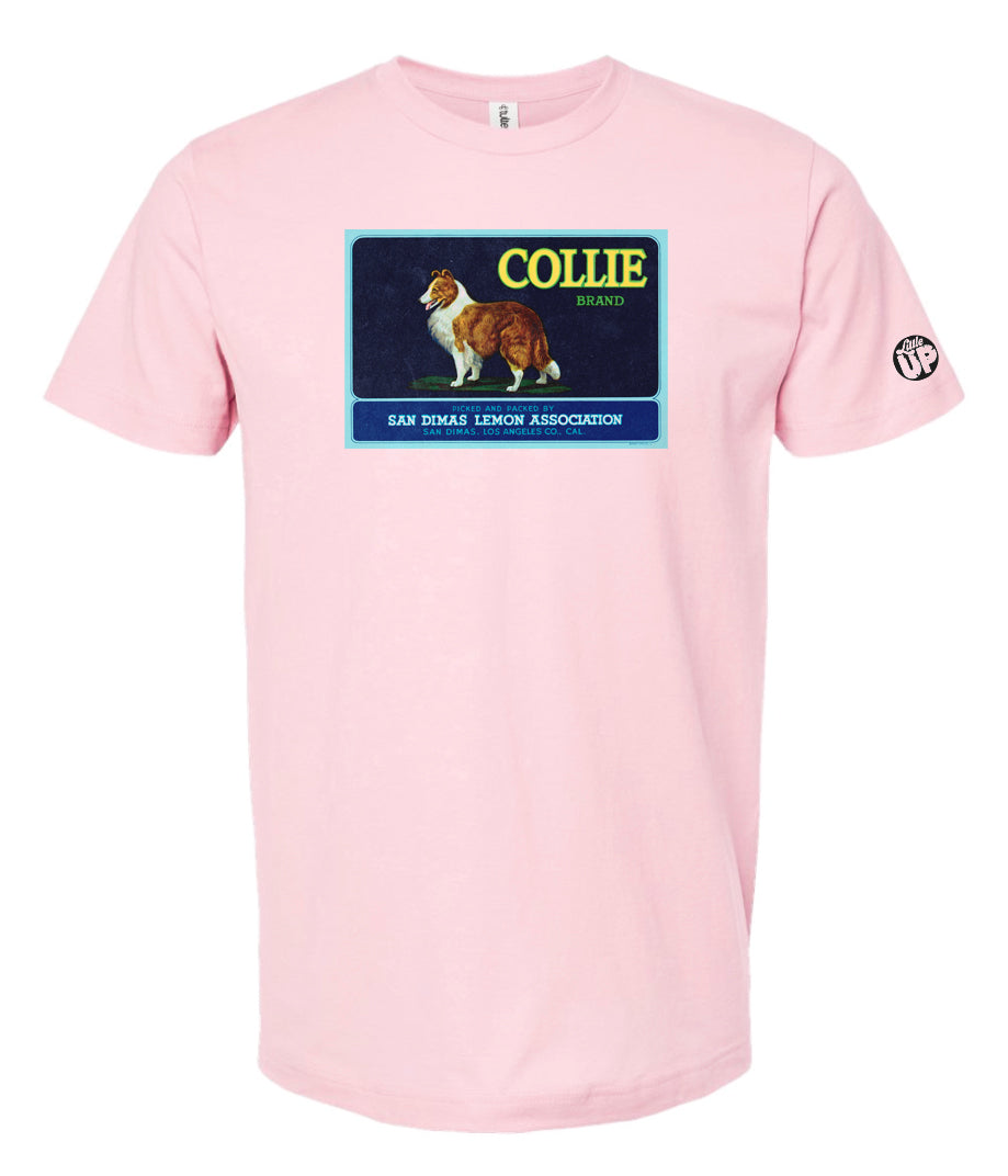 vintage packaging for "Collie Brand" lemons with illustration of collie in horizontal rectangle on pink t-shirt on white background