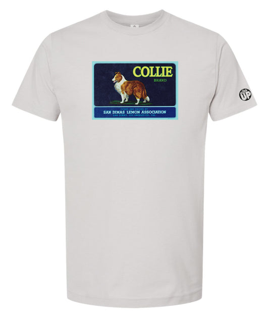 vintage packaging for "Collie Brand" lemons with illustration of collie in horizontal rectangle on light gray t-shirt on white background