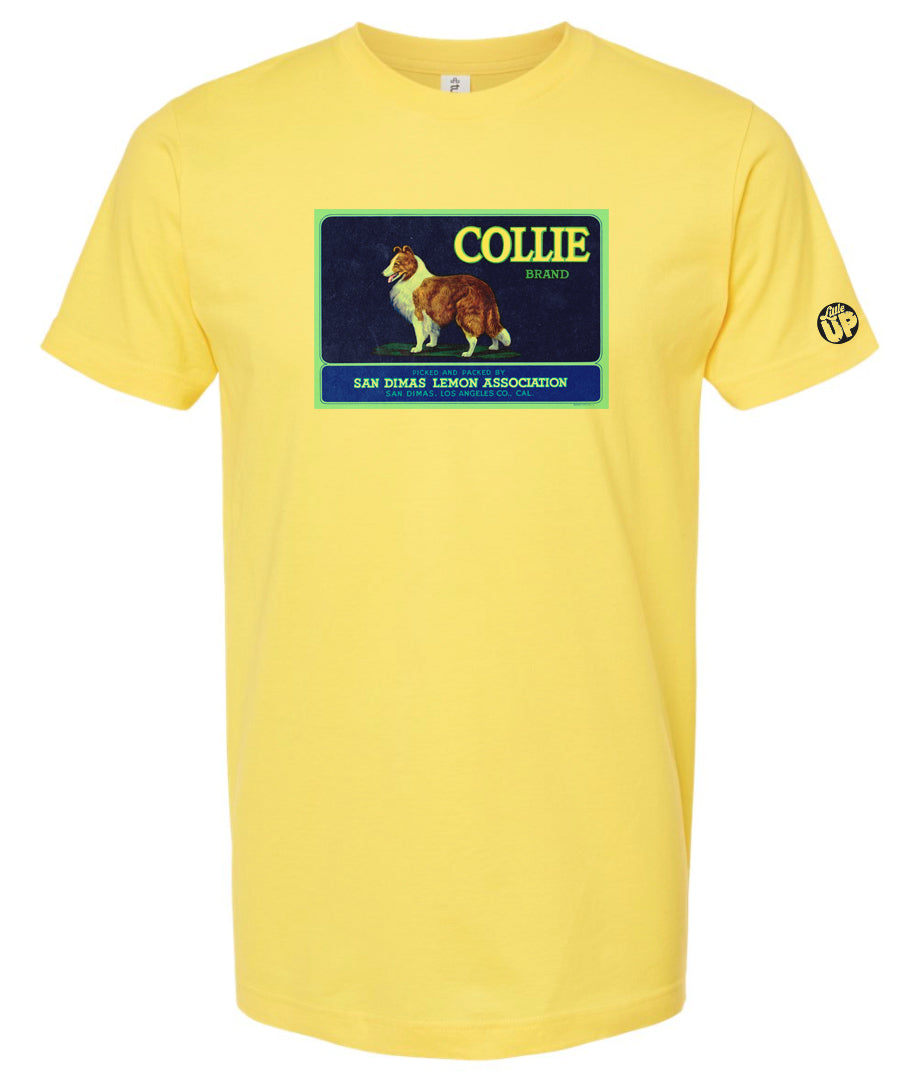 vintage packaging for "Collie Brand" lemons with illustration of collie in horizontal rectangle on yellow t-shirt on white background