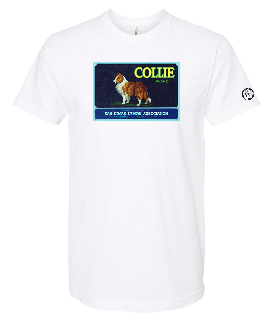 vintage packaging for "Collie Brand" lemons with illustration of collie in horizontal rectangle on white t-shirt on white background