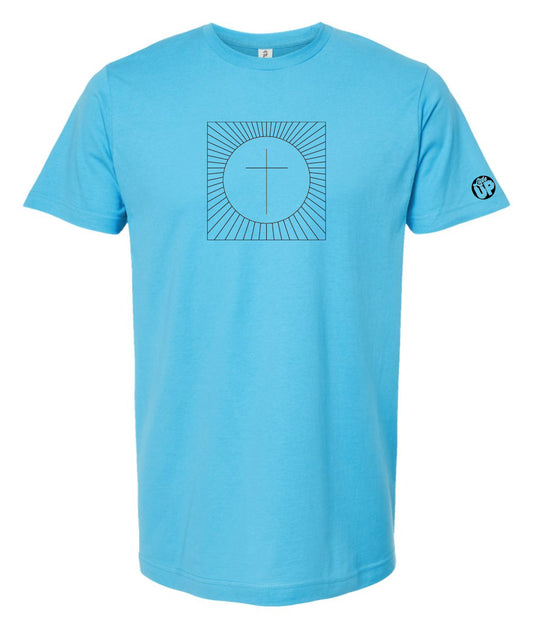 simple cross in a circle which is in a square with lines radiating from the circle to the square, printed in black on a light blue t-shirt