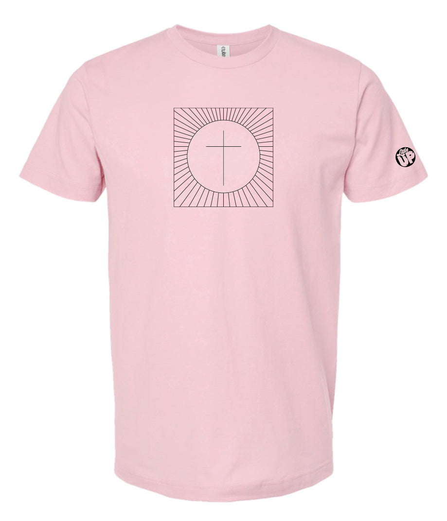 simple cross in a circle which is in a square with lines radiating from the circle to the square, printed in black on a pink t-shirt