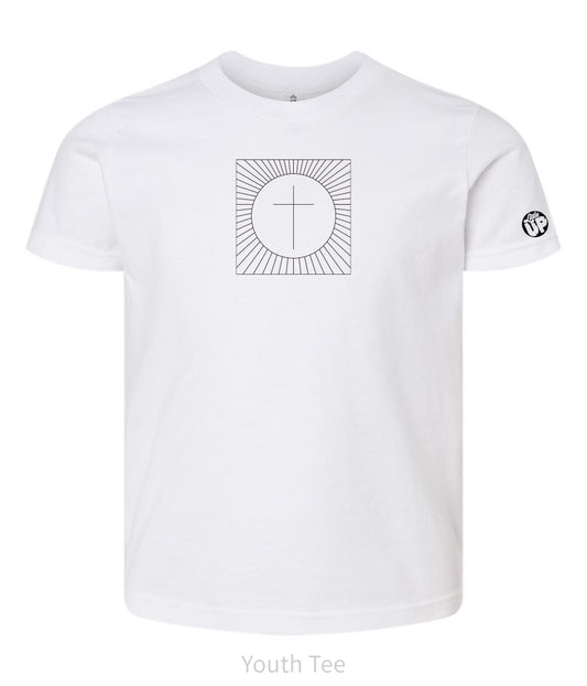 simple cross in a circle which is in a square with lines radiating from the circle to the square, printed in black on a white youth t-shirt