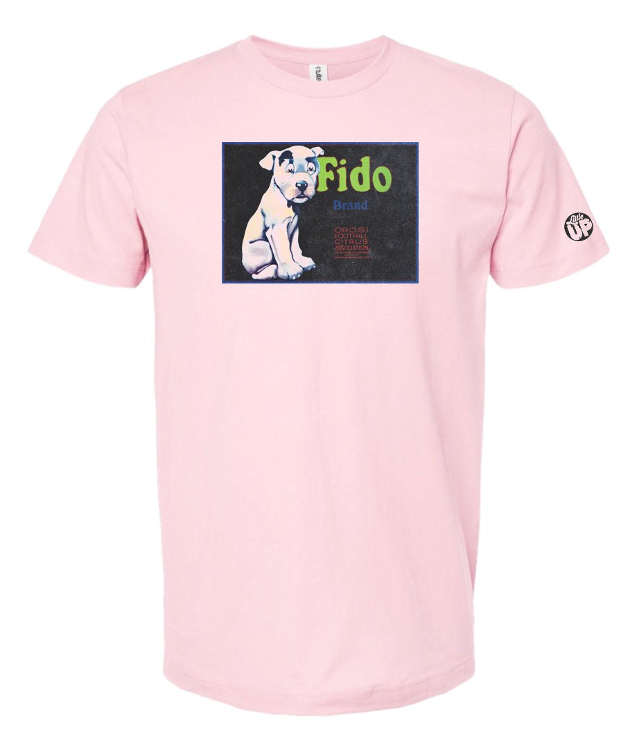 vintage packaging for "Fido Brand" citrus with illustration of dog in horizontal rectangle on pink t-shirt on white background