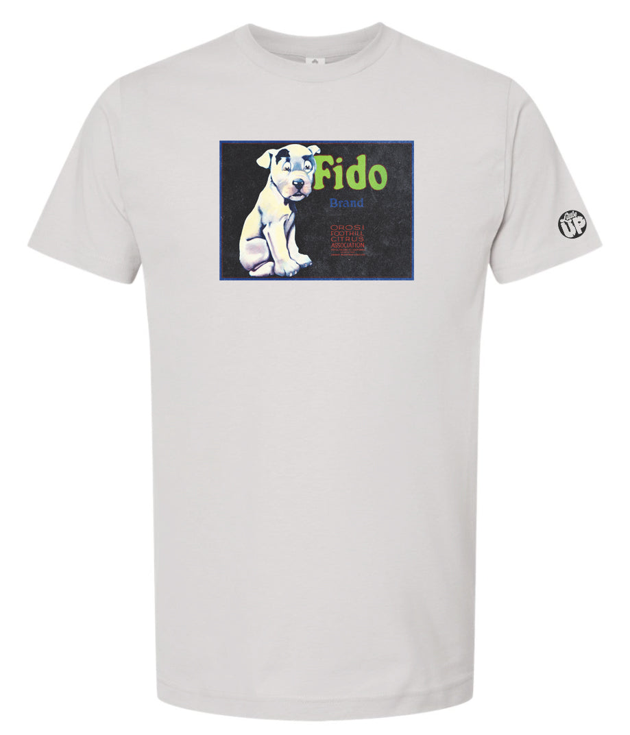 vintage packaging for "Fido Brand" citrus with illustration of dog in horizontal rectangle on light gray t-shirt on white background