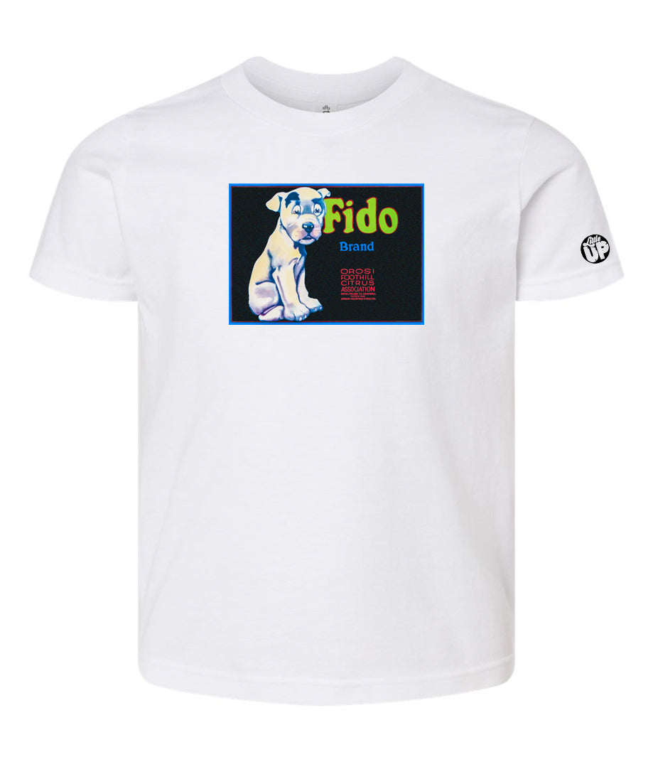 vintage packaging for "Fido Brand" citrus with illustration of dog in horizontal rectangle on white youth t-shirt on white background