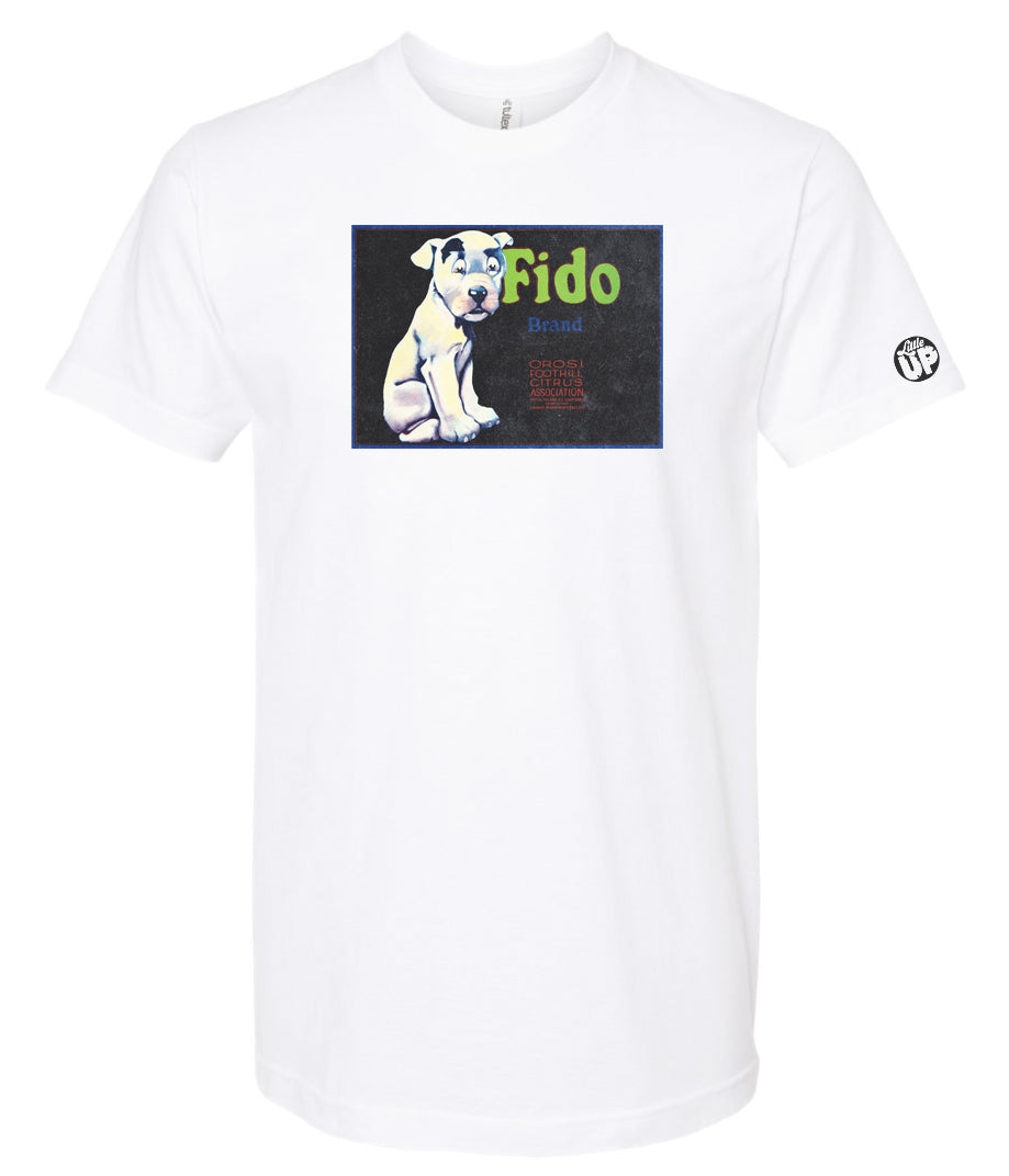 vintage packaging for "Fido Brand" citrus with illustration of dog in horizontal rectangle on white t-shirt on white background