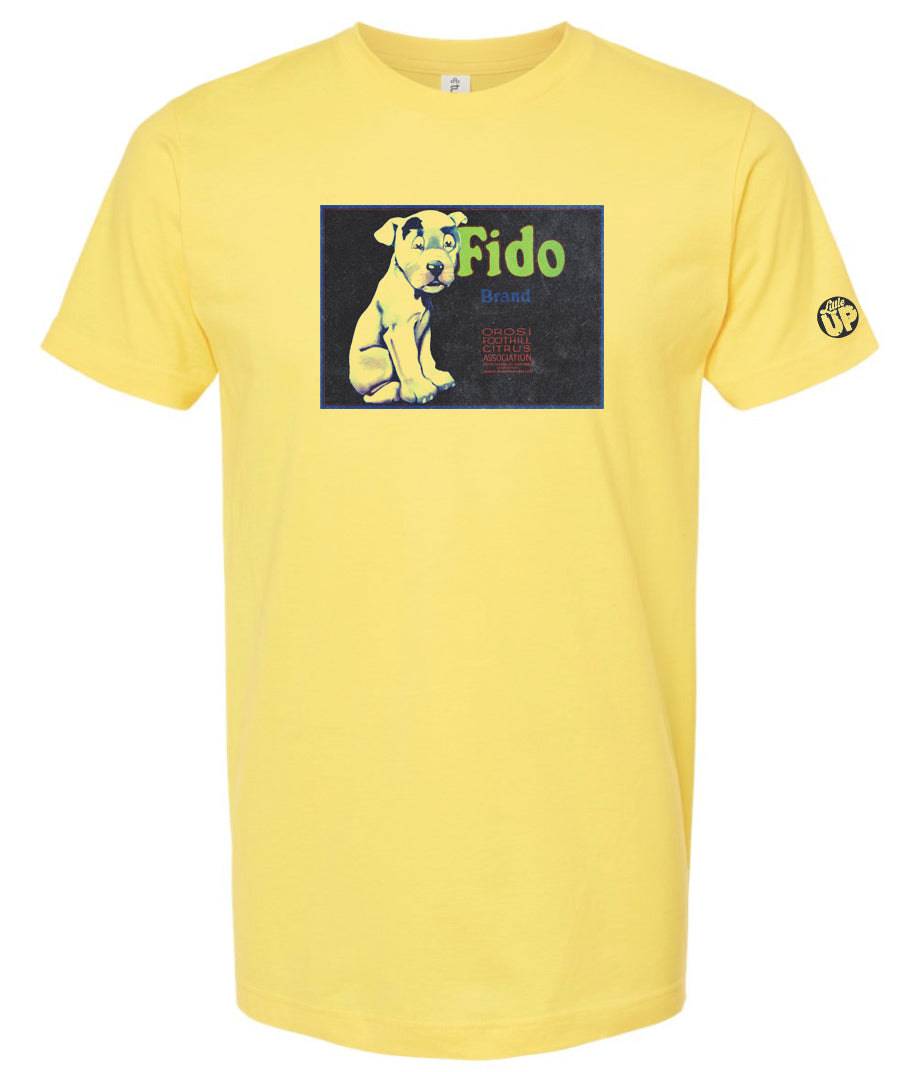 vintage packaging for "Fido Brand" citrus with illustration of dog in horizontal rectangle on yellow t-shirt on white background