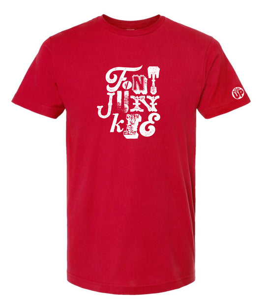 "FONT JUNKIE" in white with each letter a different font on red t-shirt