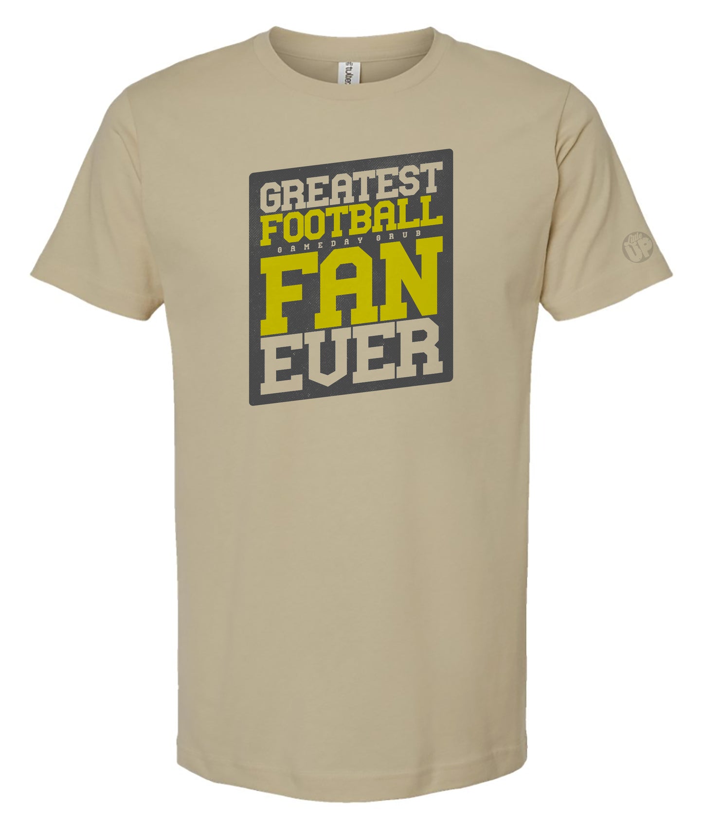 Beige t-shirt with 'Greatest Football Gameday Grub Fan Ever' text on a white background