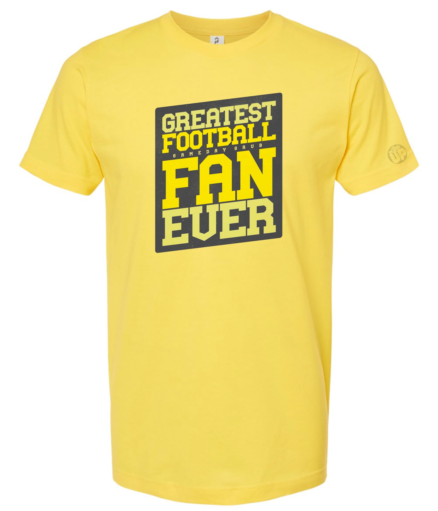 Yellow t-shirt with 'Greatest Football Gameday Grub Fan Ever' text on a white background