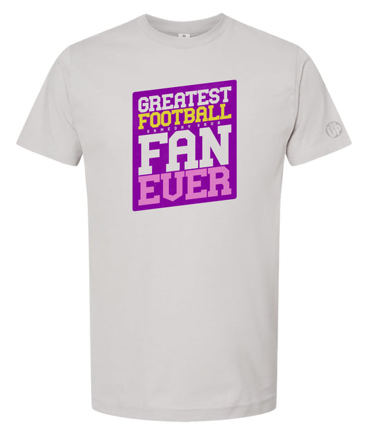 Gray t-shirt with 'Greatest Football Game Day Grub Fan Ever' text in purple and yellow on a white background