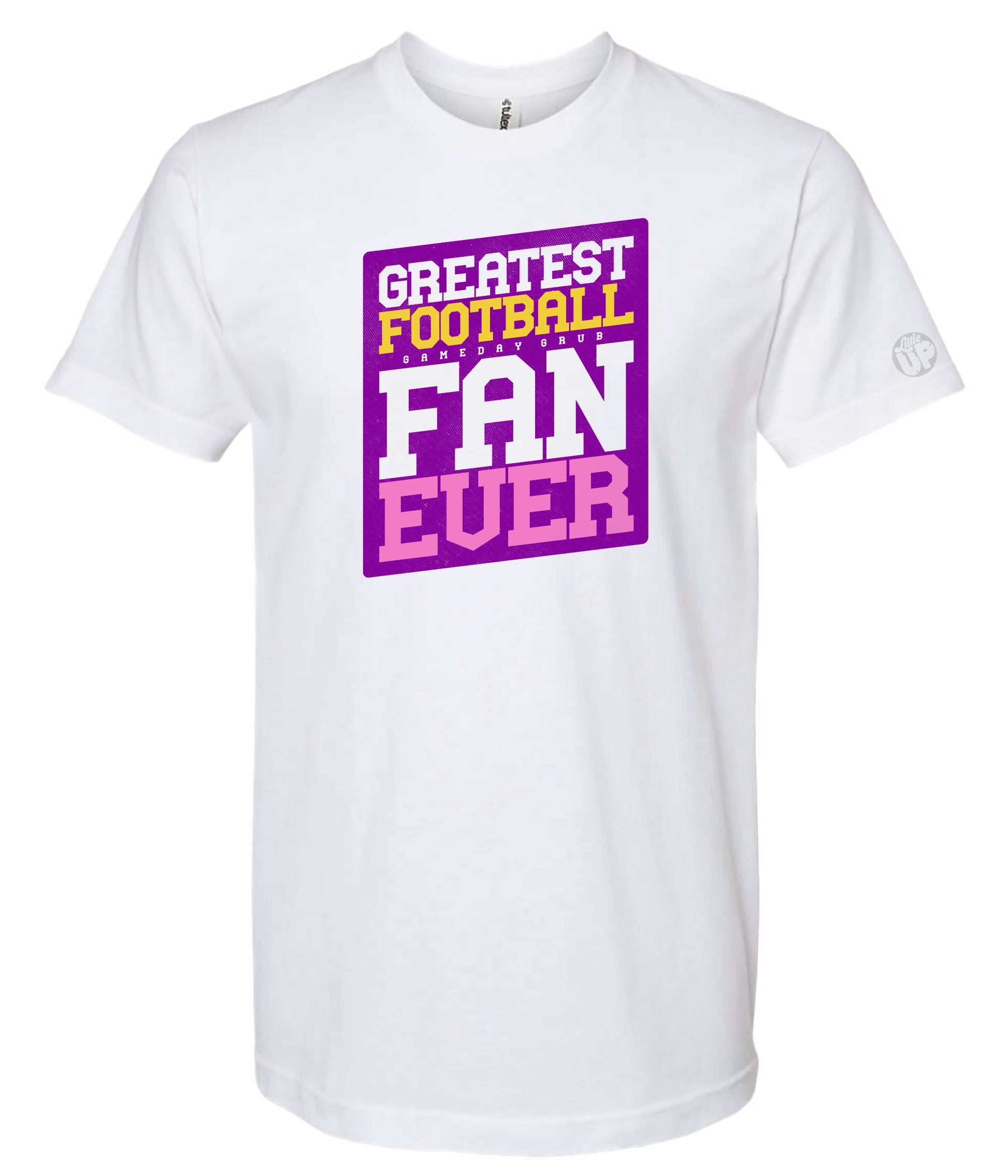 White t-shirt with 'Greatest Football Game Day Grub Fan Ever' text in purple and yellow on a white background