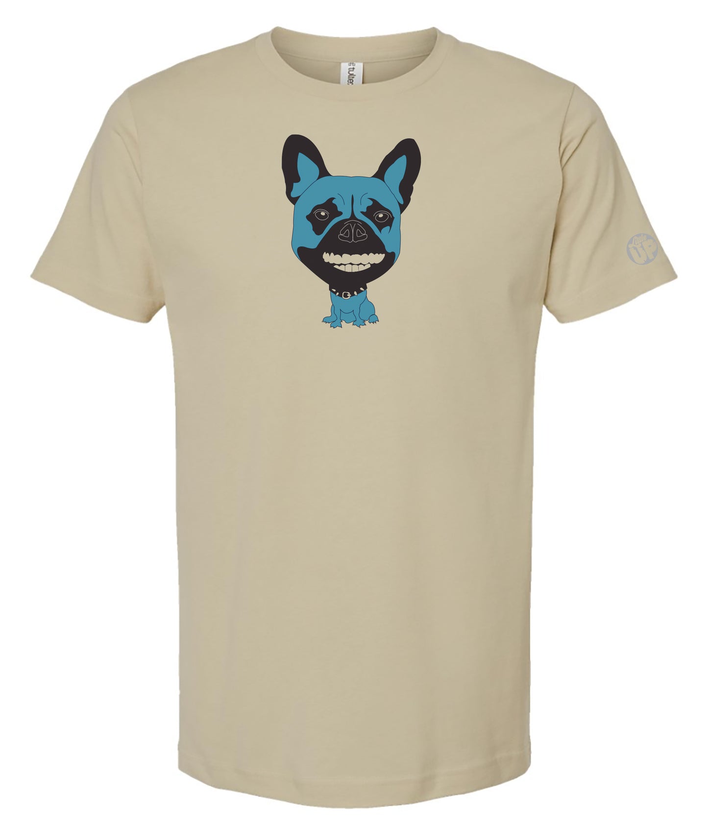 Beige t-shirt with a blue and black French bulldog graphic on a white background